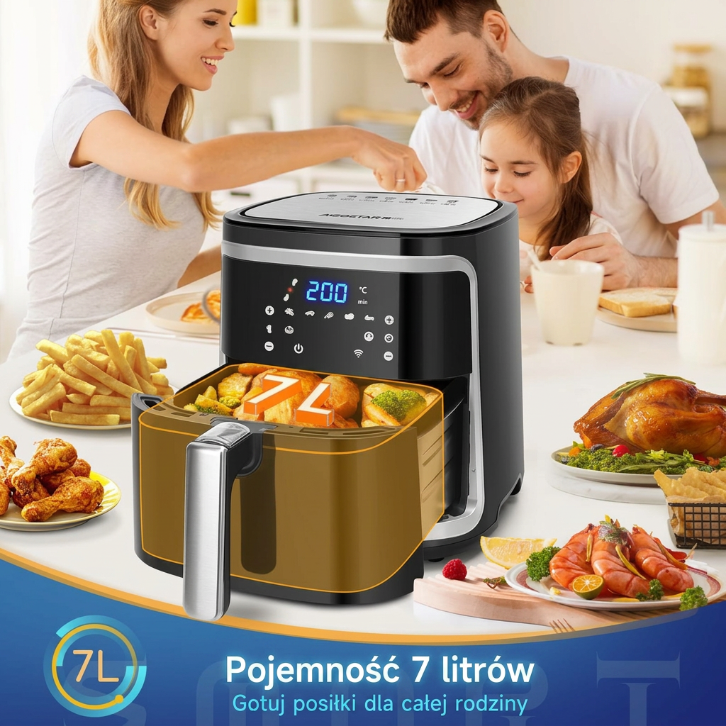 Bezolejowa frytkownica powietrzna XXL 7L, 1900W, inteligentna. Łączność Wi-Fi. Ekran LED dotykowy, 7 wstępnie ustawionych funkcji, bez BPA. PREZENT: Czajnik elektryczny 1,7L - Image 5
